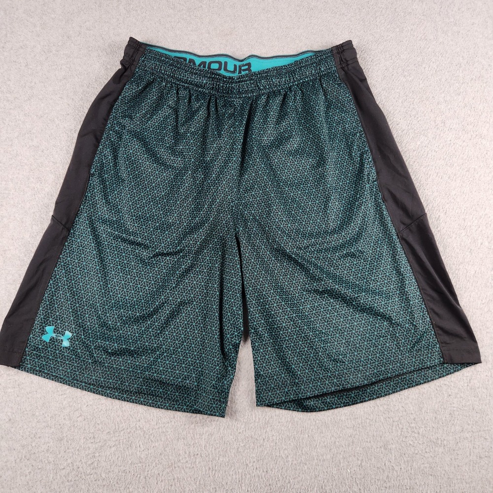 Under Armour Shorts Mens Large Teal Black HeatGear Geometric Loose Fit Athletic